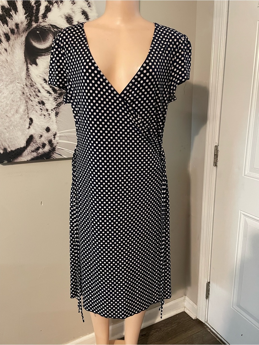 Vintage Ruby Rox 90s Y2K Black and White Polka Dot Wrap v neck Dress Retro silh